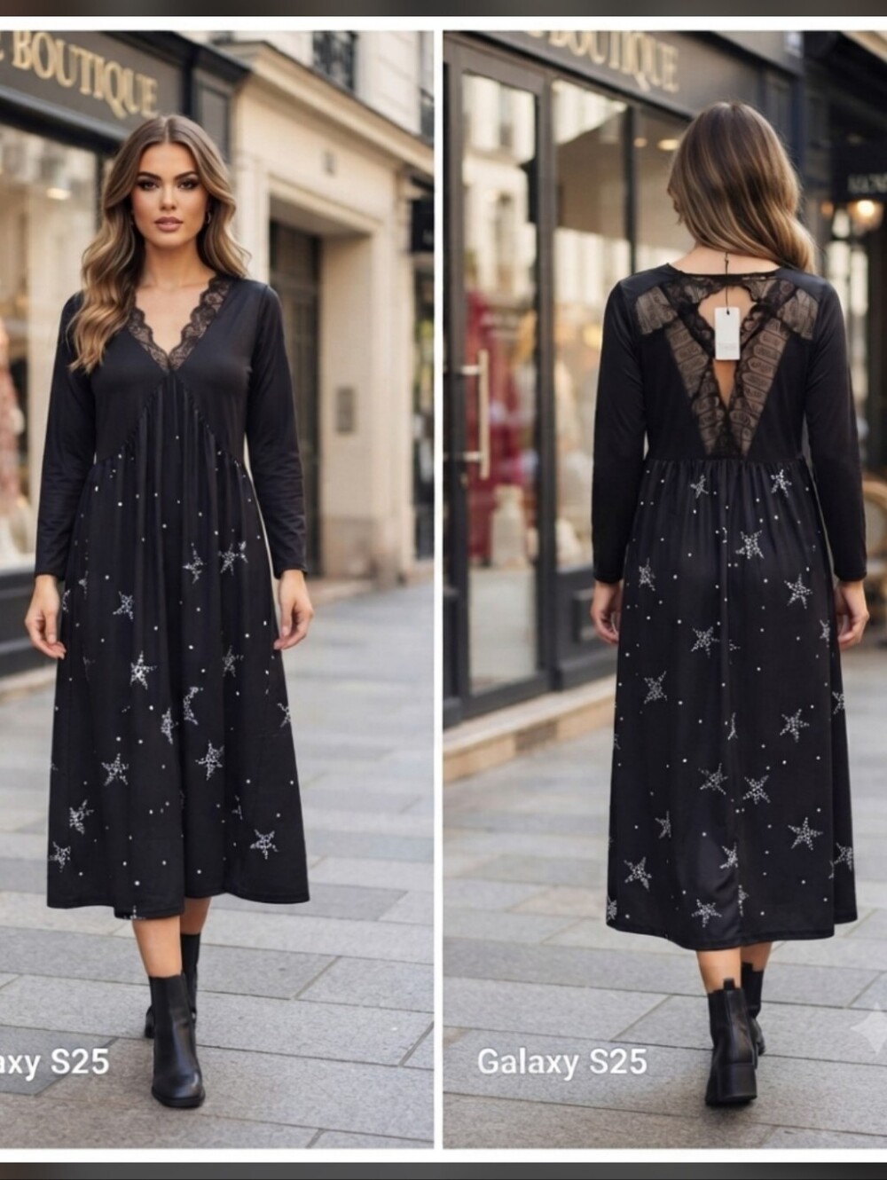 SHEILAY Black Long Sleeve Midi Dress White Stars Size US M. Lace Back